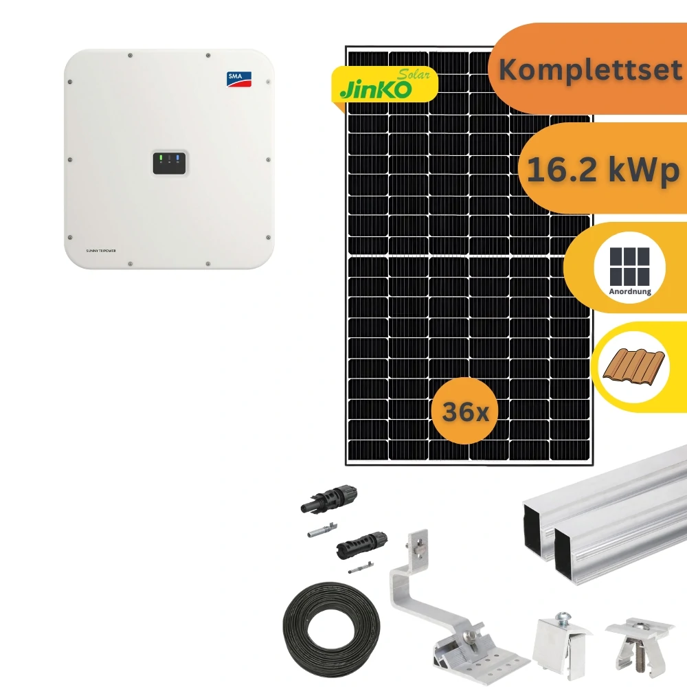 Komplettset einer Solaranlage. Auf dem Bild ist ein Wechselrichter, die Befestigungsmaterialien für die Montage auf einem Ziegeldach, und die Solarmodule zu sehen.