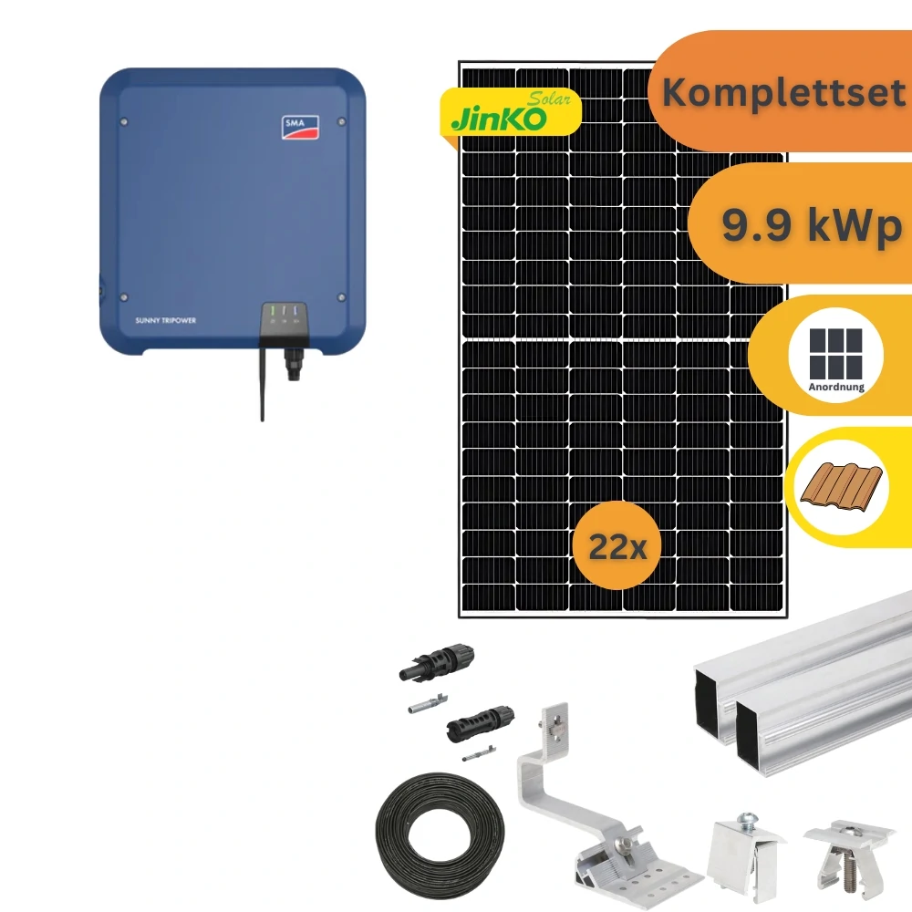 Komplettset einer Solaranlage. Auf dem Bild ist ein Wechselrichter, die Befestigungsmaterialien für die Montage auf einem Ziegeldach, und die Solarmodule zu sehen.