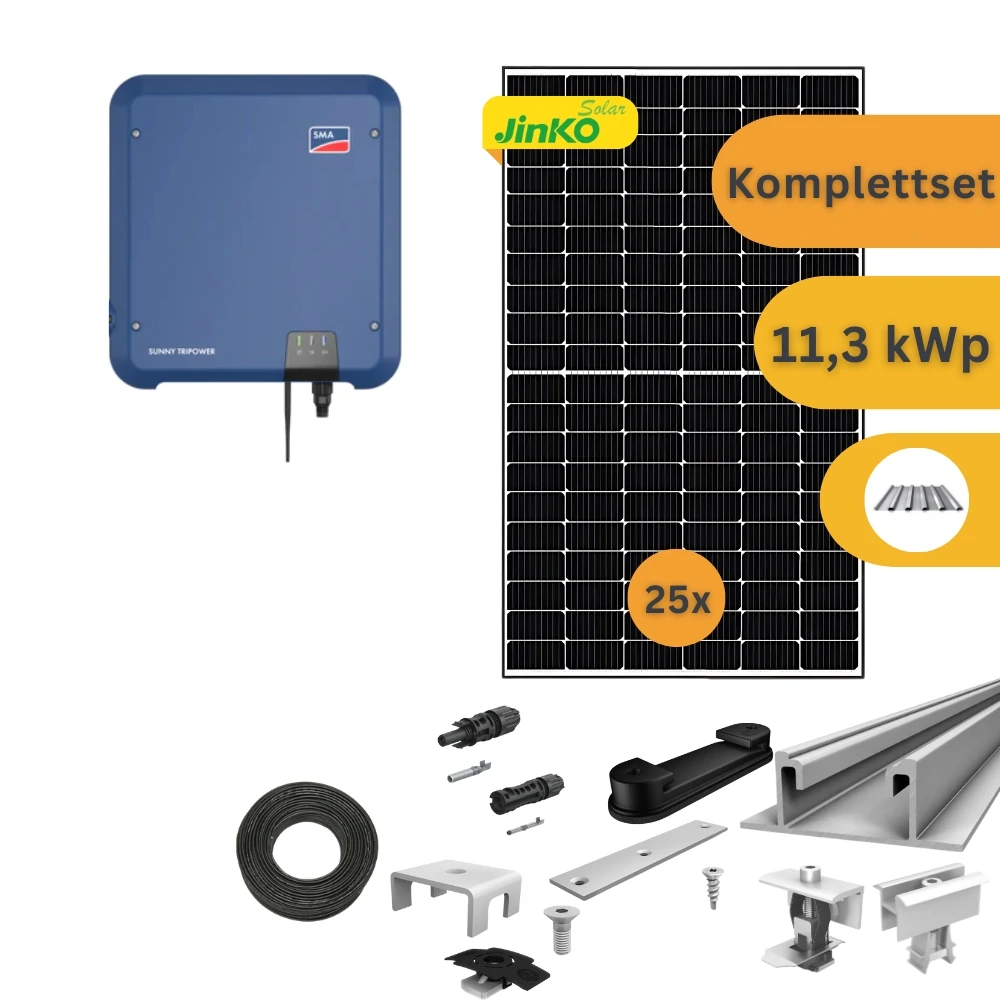 Komplettset einer Solaranlage. Auf dem Bild ist ein Wechselrichter die Befestigungsmaterialien für die Montage auf einem Trapezblech und die Solarmodule zu sehen.