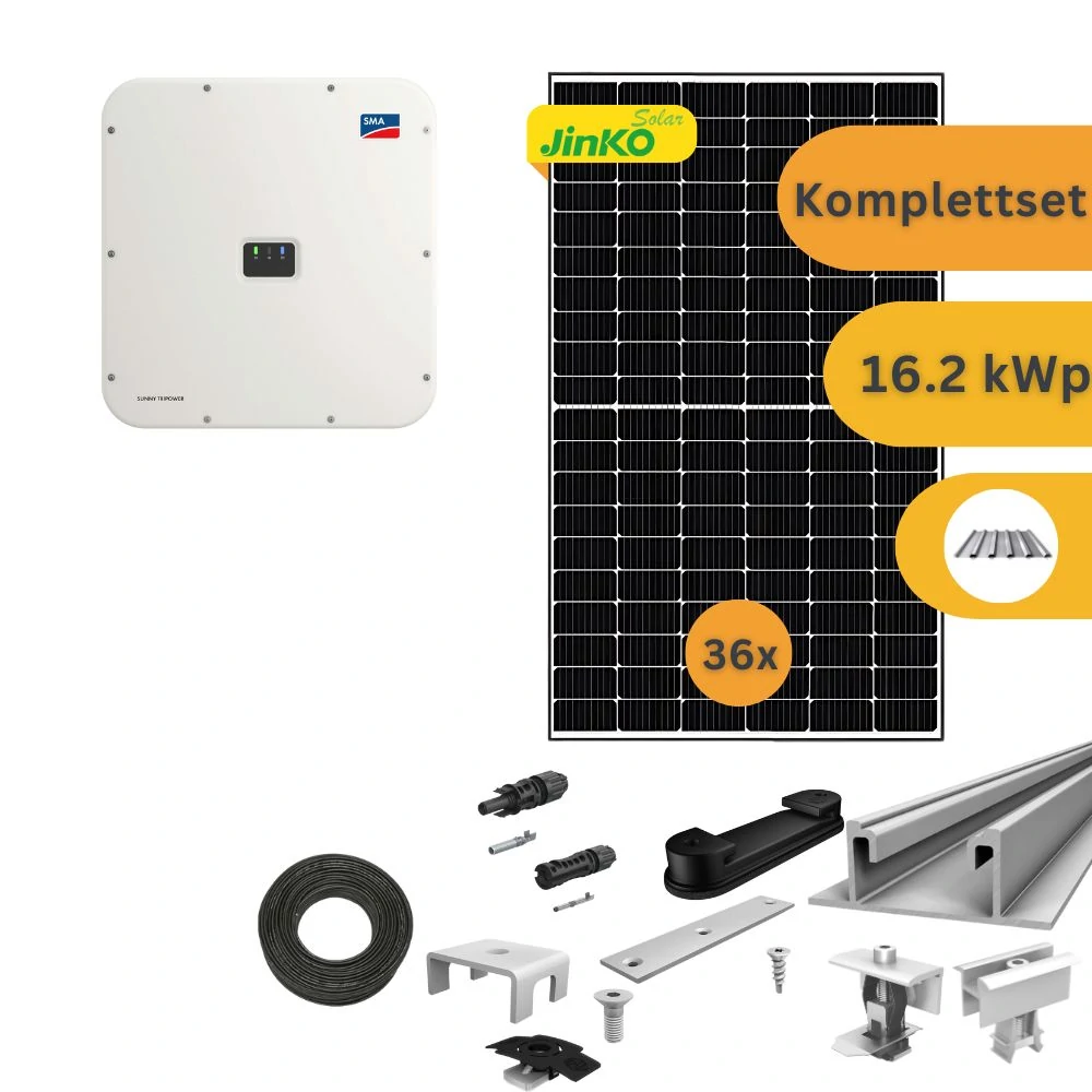 Komplettset einer Solaranlage. Auf dem Bild ist ein Wechselrichter die Befestigungsmaterialien für die Montage auf einem Trapezblech und die Solarmodule zu sehen.