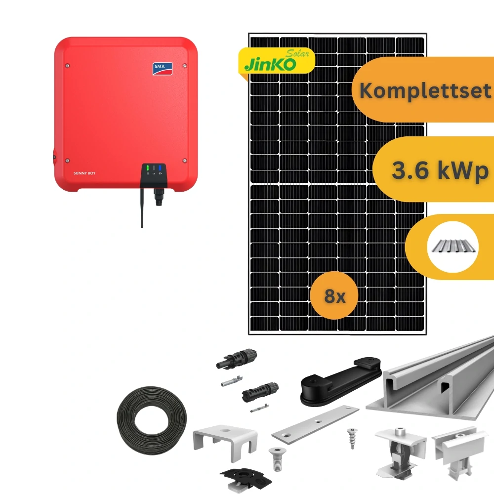 Komplettset einer Solaranlage. Auf dem Bild ist ein Wechselrichter die Befestigungsmaterialien für die Montage auf einem Trapezblech und die Solarmodule zu sehen.
