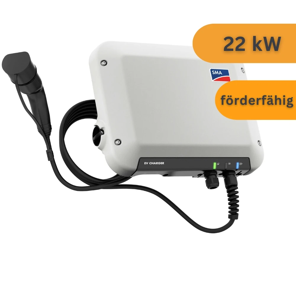 Weiße Wallbox von SMA mit Ladekabel
