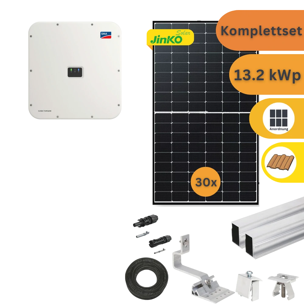 Bilde eines PV-Komplettsets mit 13 kWp - es enthält 30 Module einen Wechselrichter und das Montagematerial